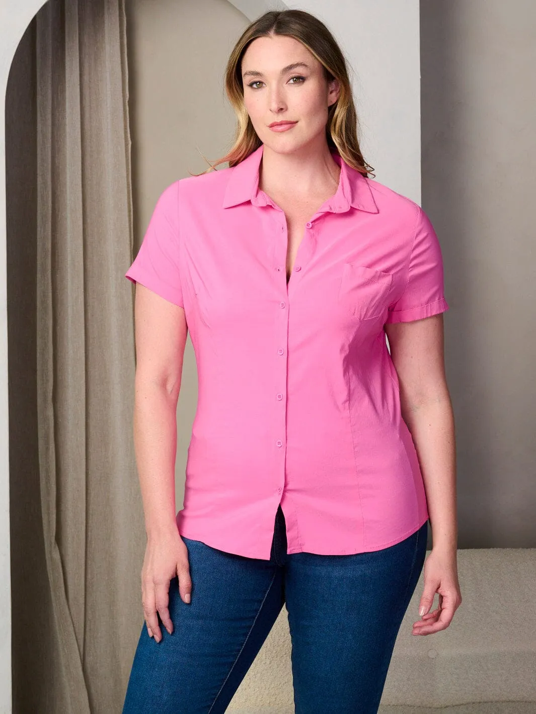 PLUS SIZE SHORT SLEEVE BUTTON UP BLOUSE TOP