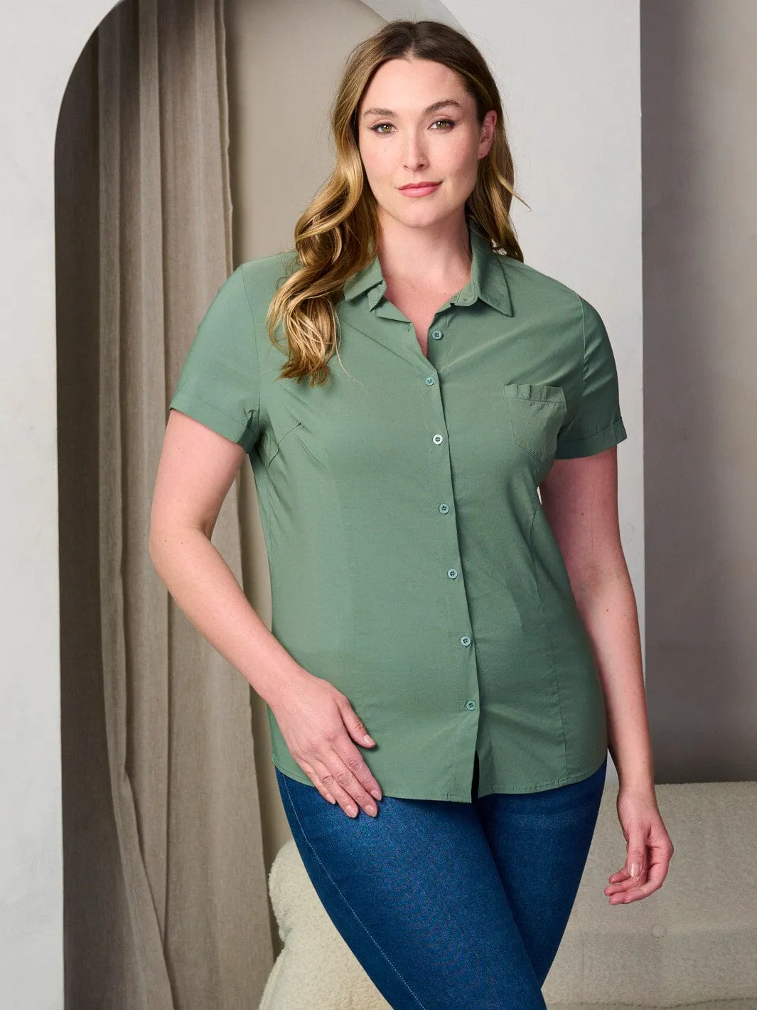 PLUS SIZE SHORT SLEEVE BUTTON UP BLOUSE TOP