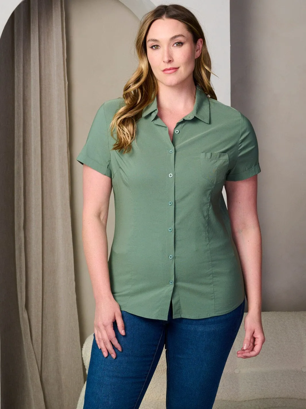 PLUS SIZE SHORT SLEEVE BUTTON UP BLOUSE TOP