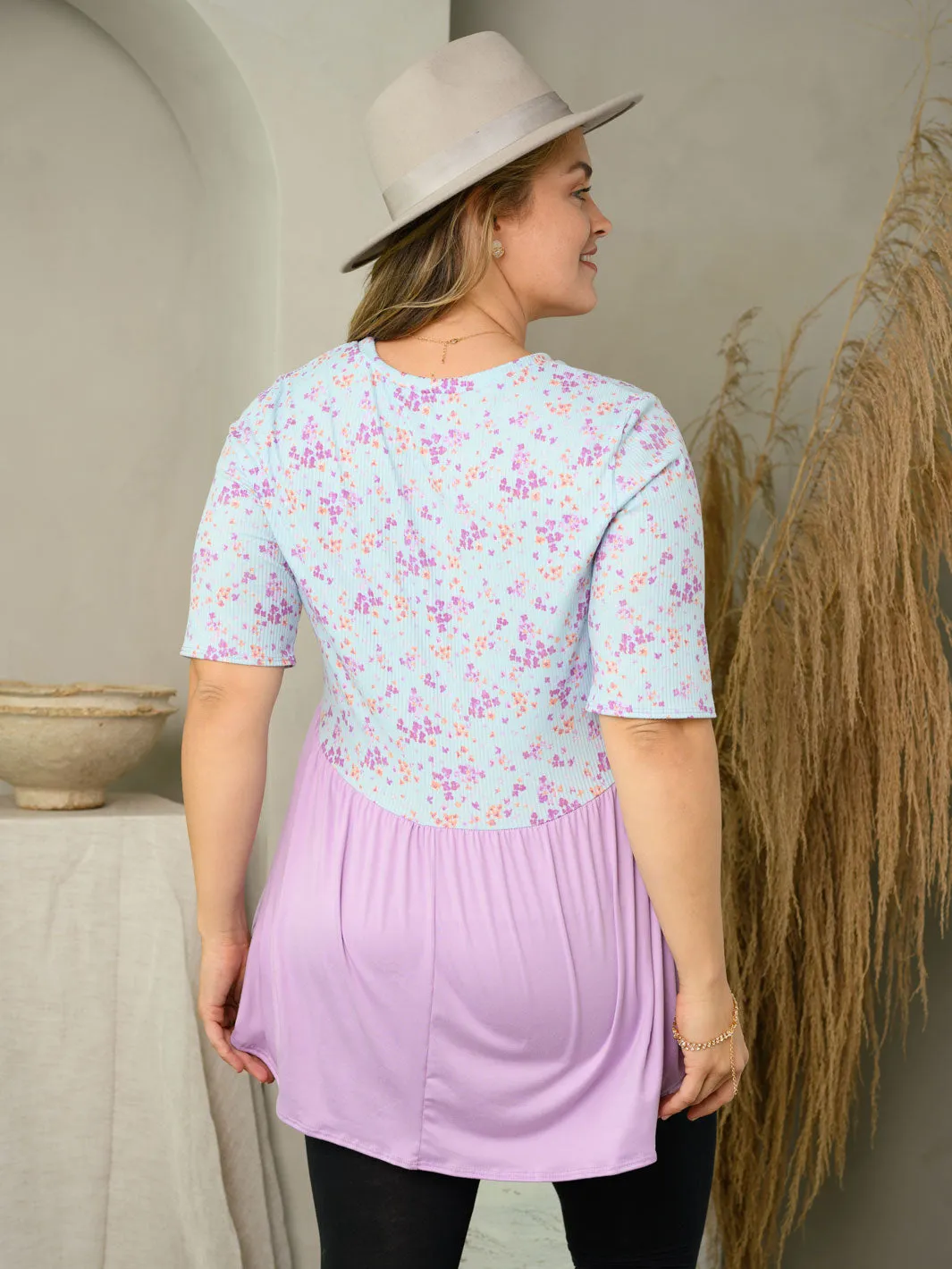 PLUS SIZE SHORT SLEEVE FLORAL BABYDOLL TOP