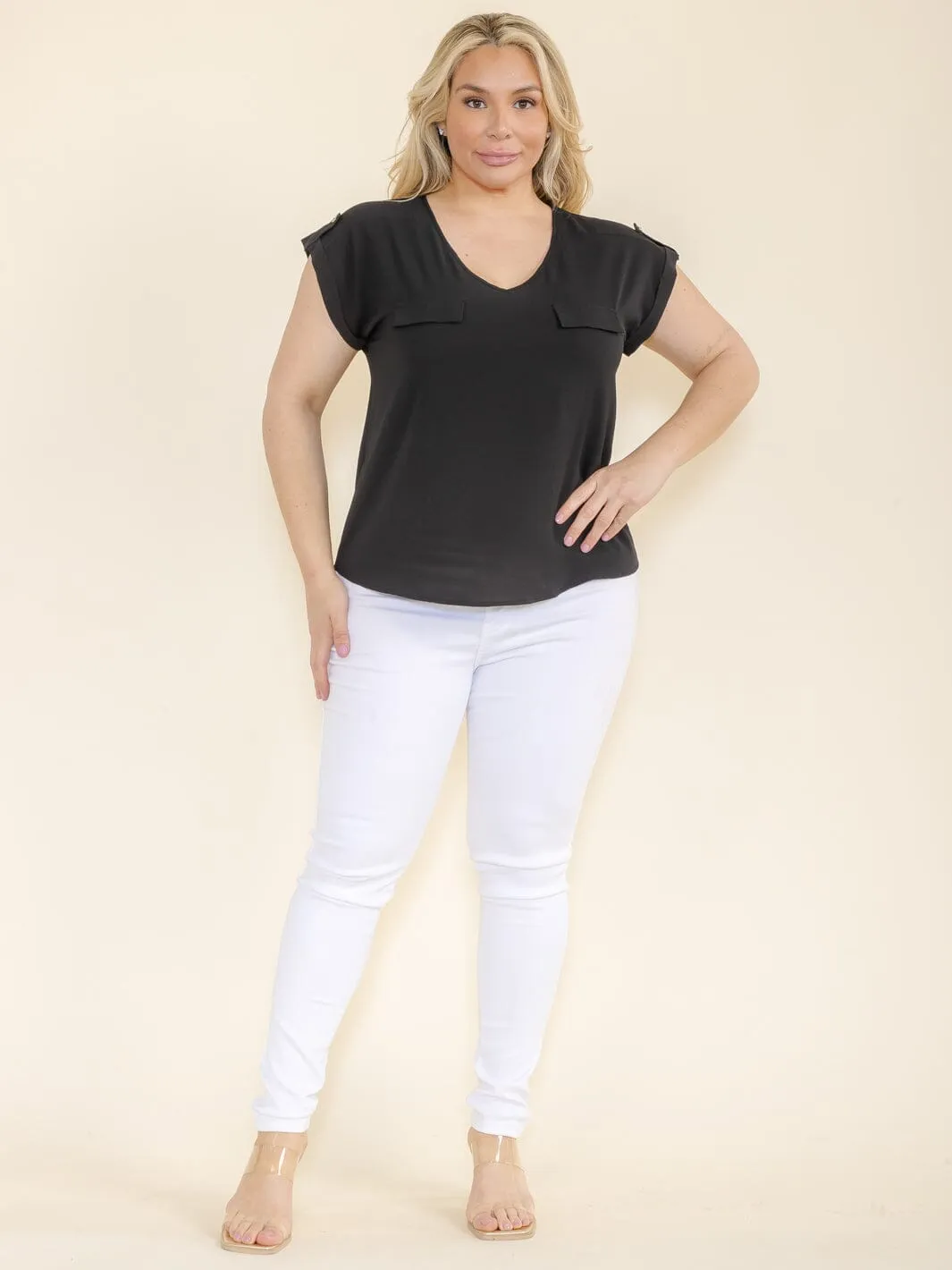 PLUS SIZE SHORT SLEEVE V-NECK BLOUSE