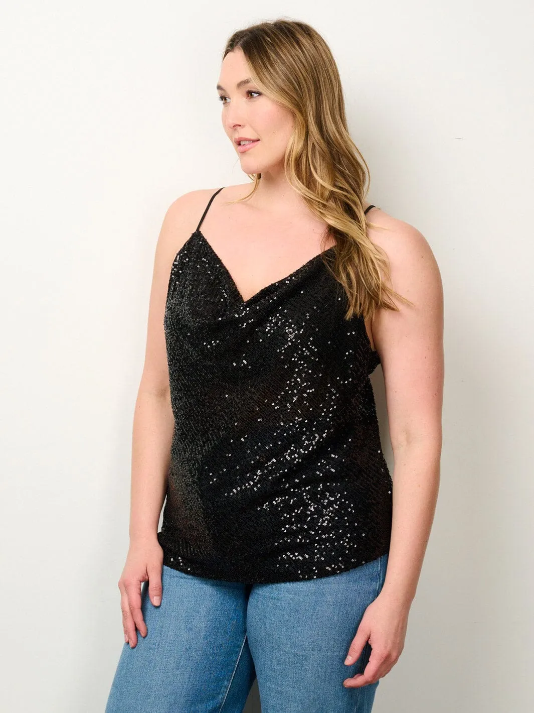 PLUS SIZE SLEEVELESS COWL NECK SEQUINS TANK TOP