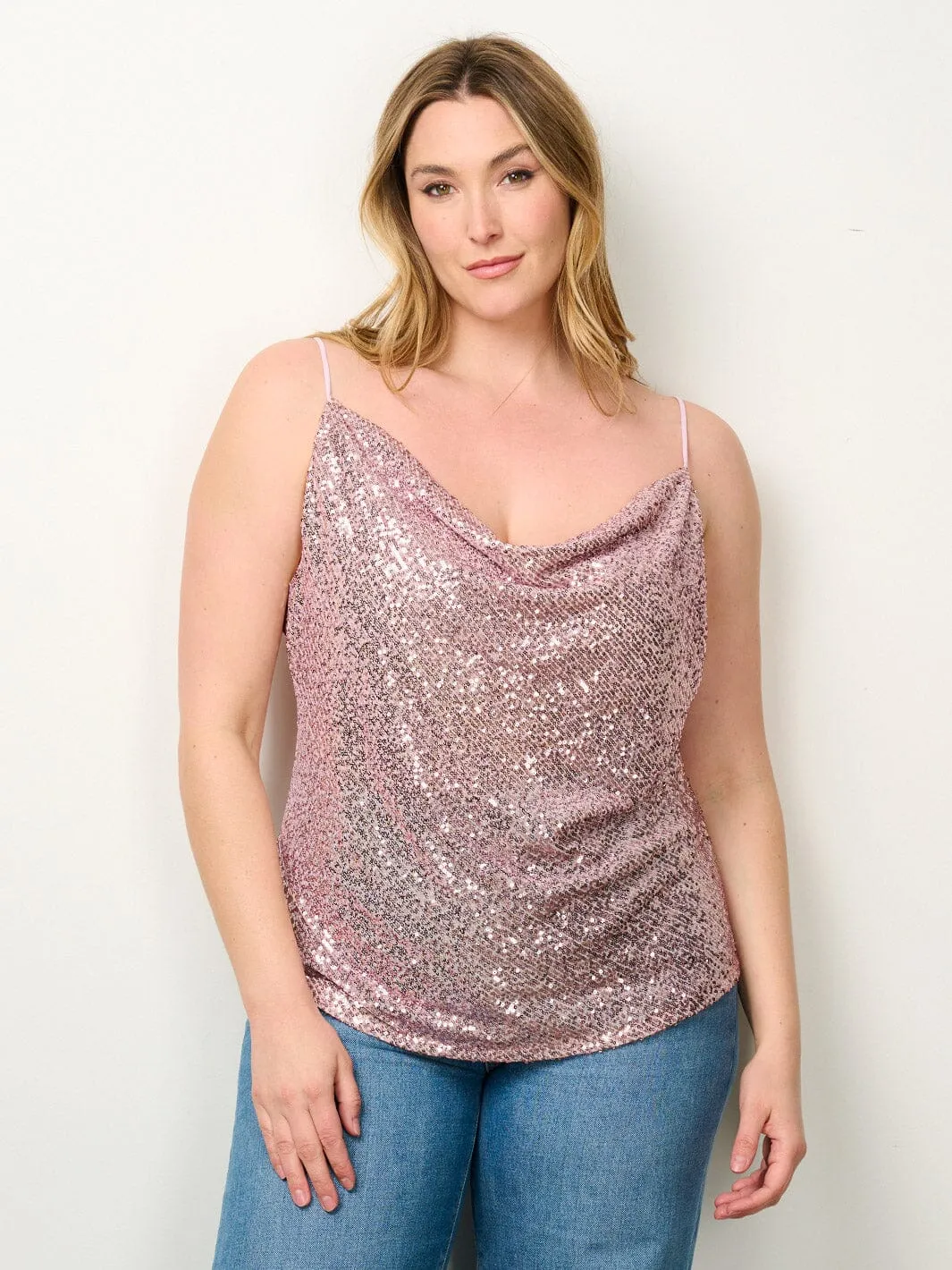 PLUS SIZE SLEEVELESS COWL NECK SEQUINS TANK TOP