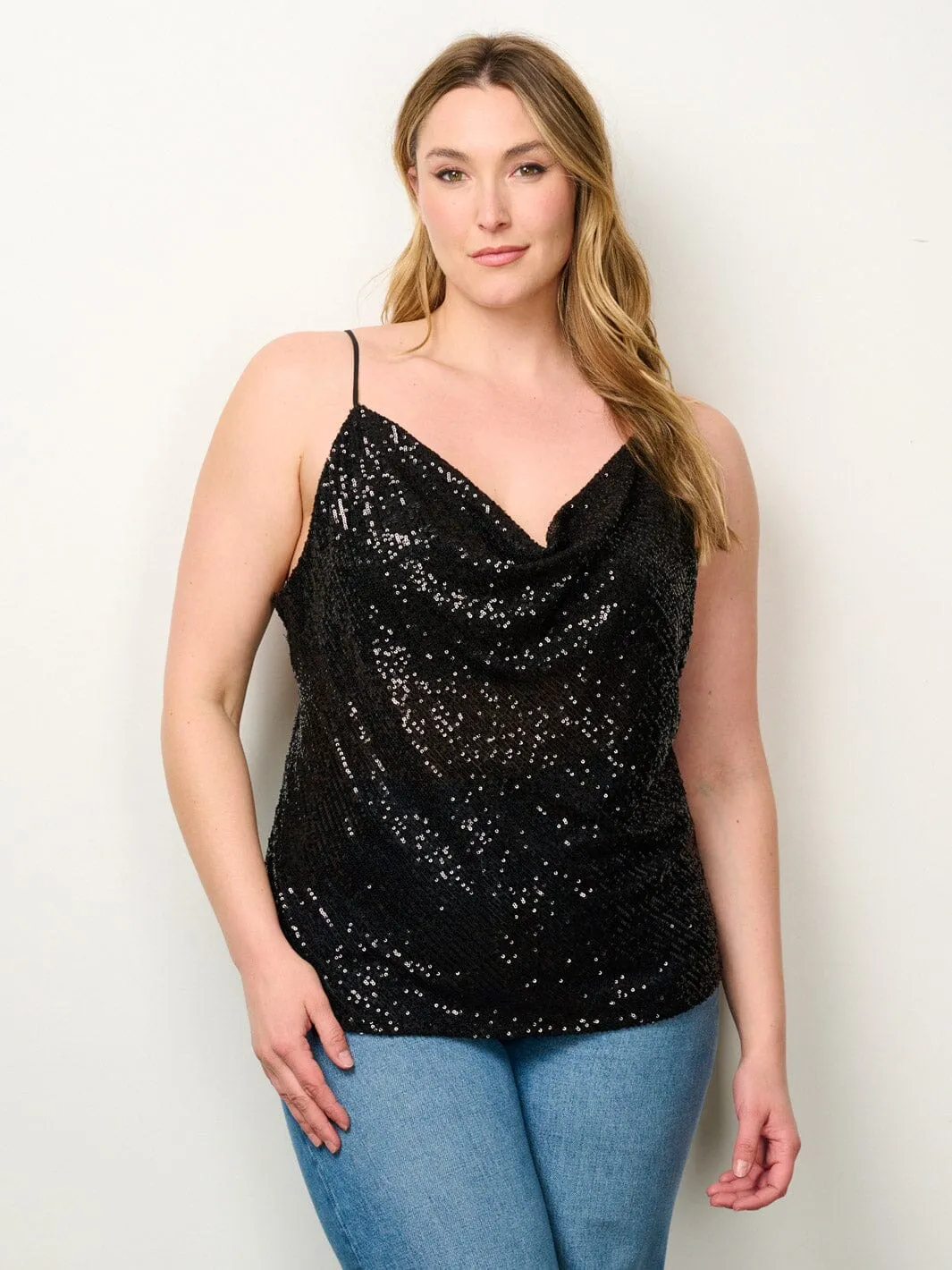 PLUS SIZE SLEEVELESS COWL NECK SEQUINS TANK TOP