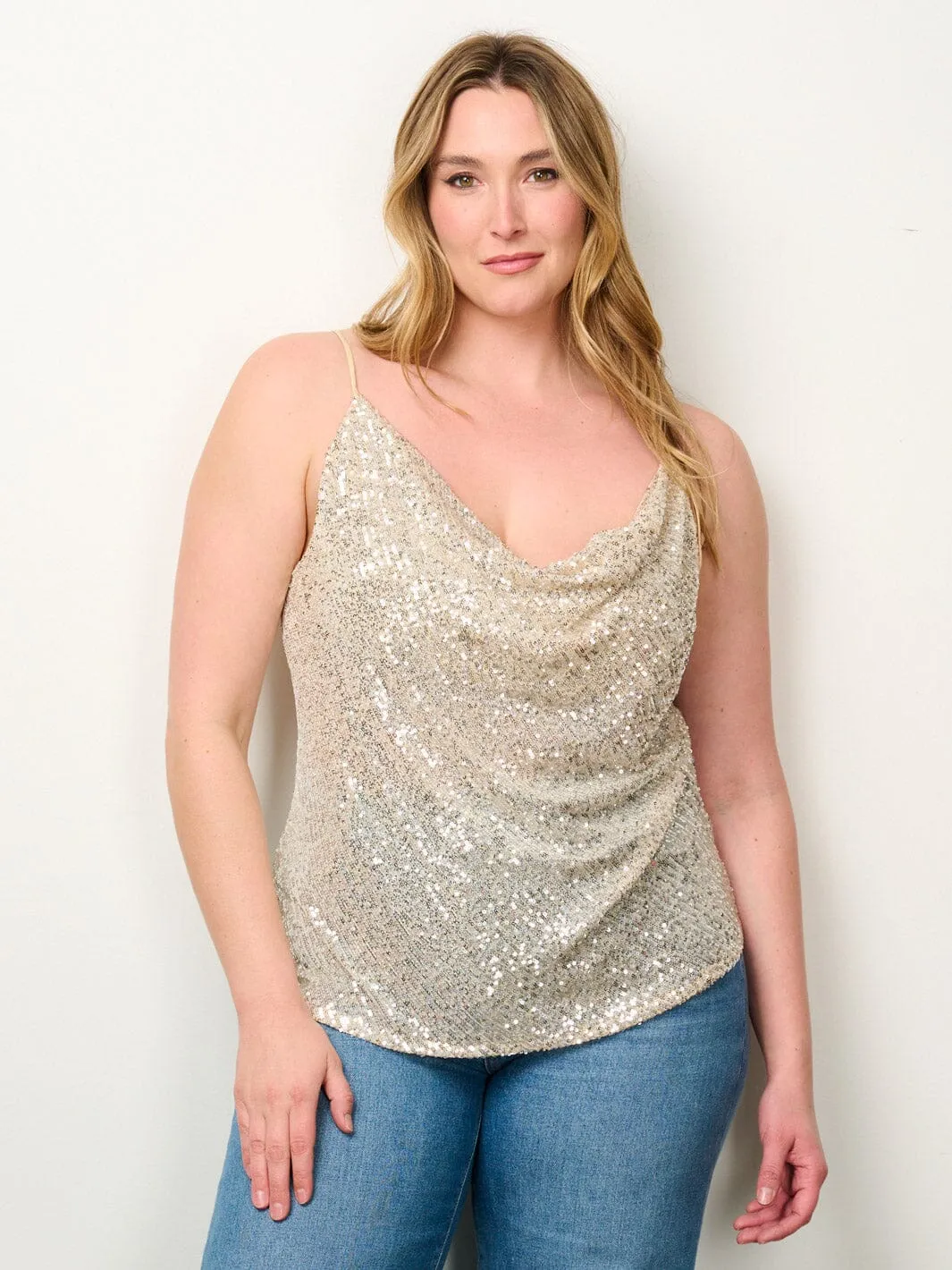 PLUS SIZE SLEEVELESS COWL NECK SEQUINS TANK TOP