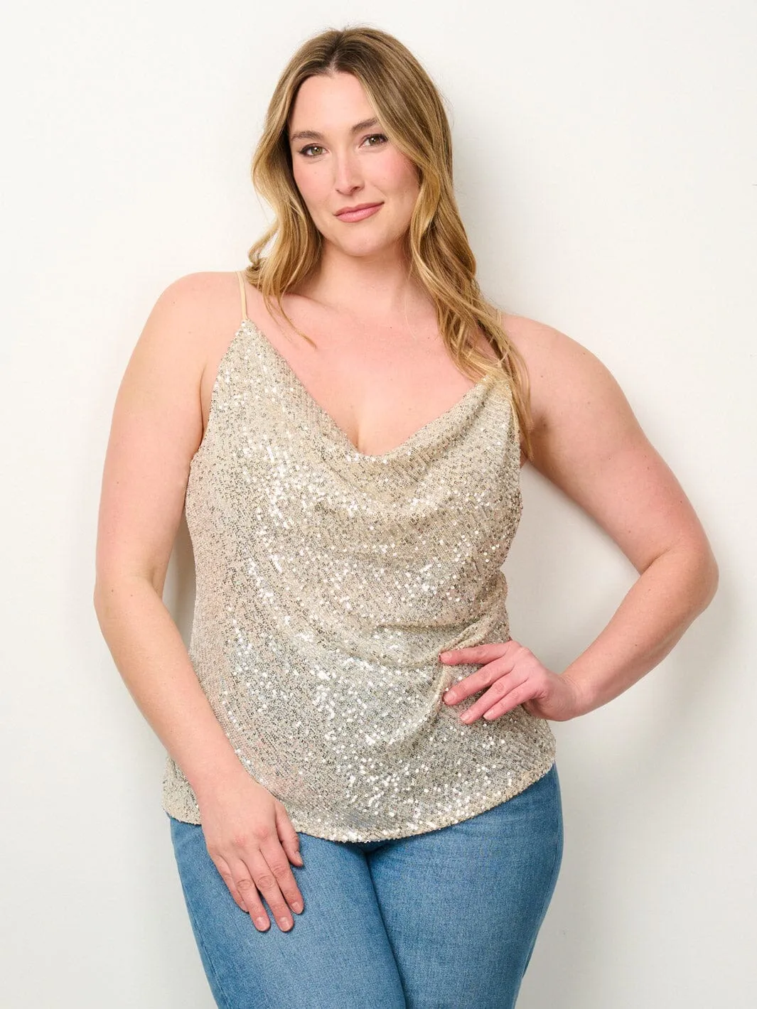 PLUS SIZE SLEEVELESS COWL NECK SEQUINS TANK TOP