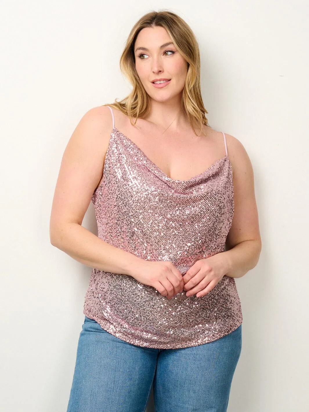PLUS SIZE SLEEVELESS COWL NECK SEQUINS TANK TOP