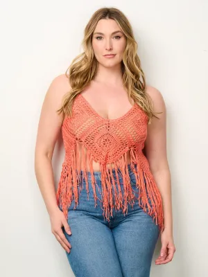PLUS SIZE SLEEVELESS V-NECK KNITTED FRINGE TOP