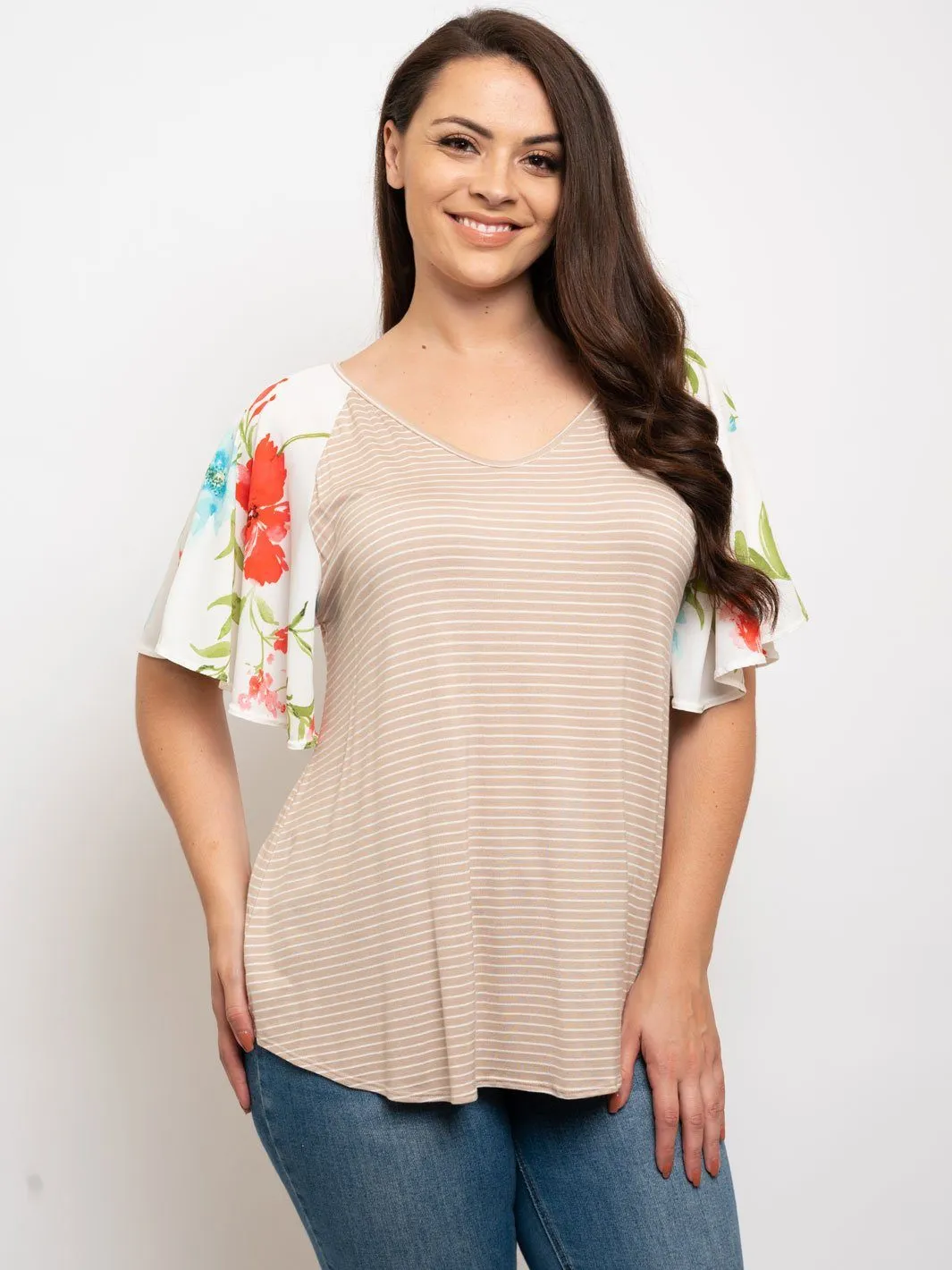 PLUS SIZE STRIPES WITH FLORAL SLEEVES TOP