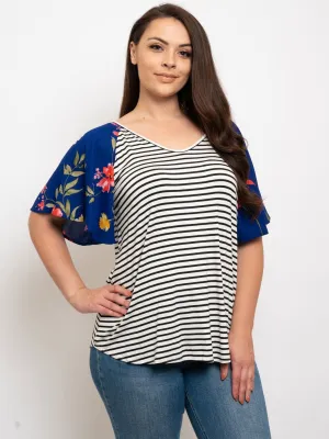 PLUS SIZE STRIPES WITH FLORAL SLEEVES TOP