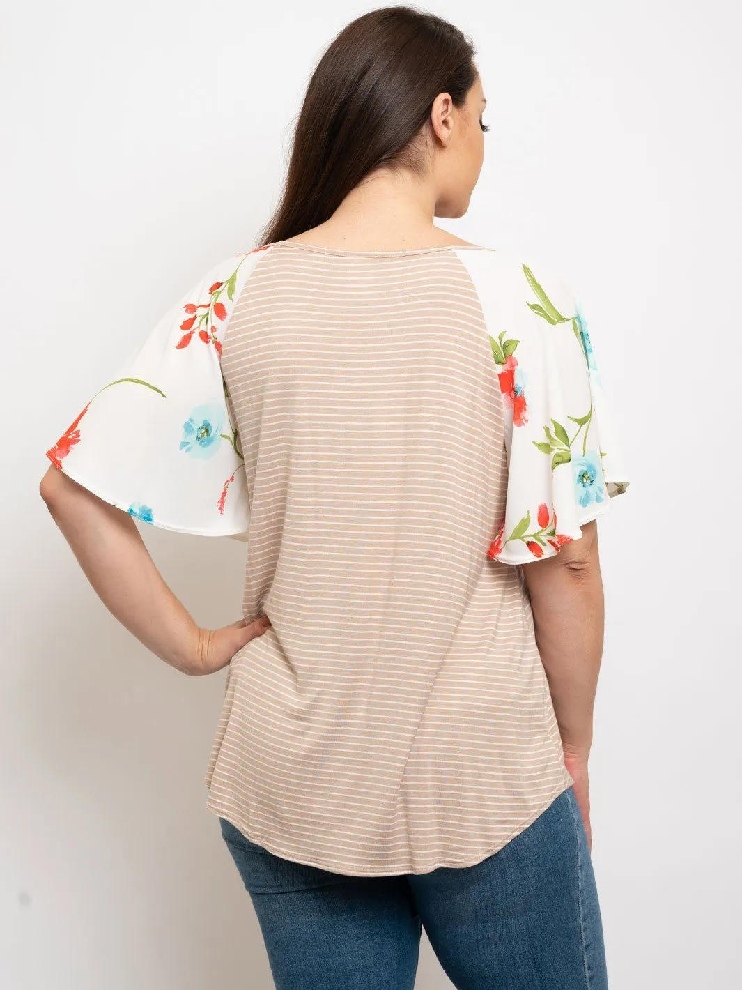 PLUS SIZE STRIPES WITH FLORAL SLEEVES TOP