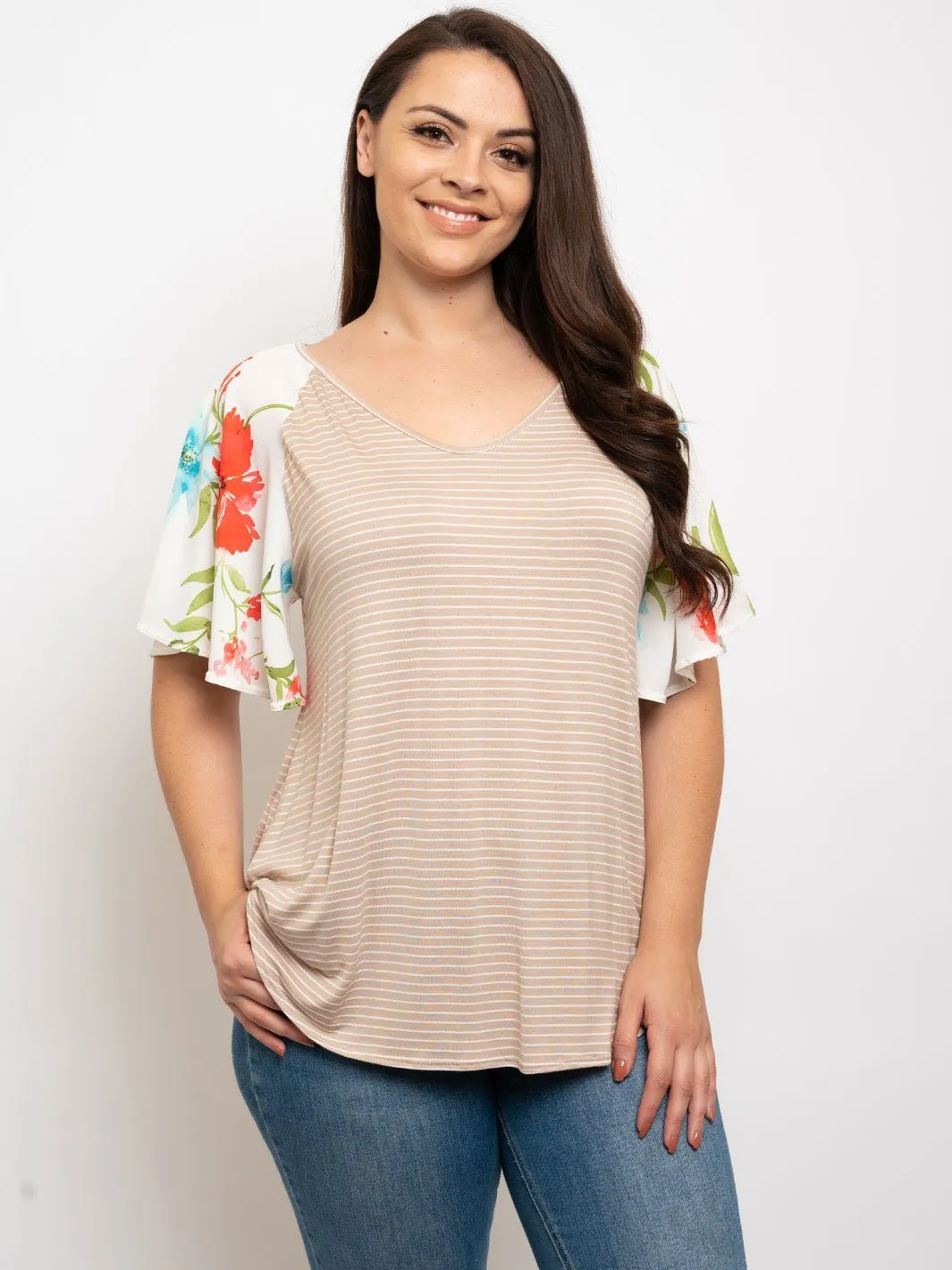 PLUS SIZE STRIPES WITH FLORAL SLEEVES TOP
