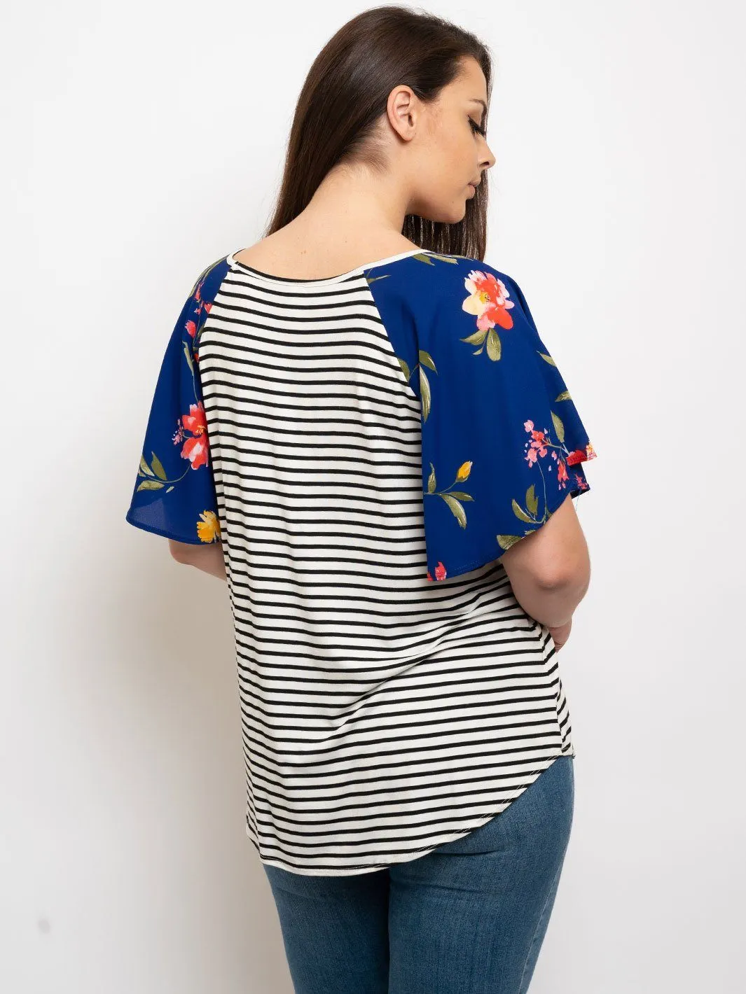 PLUS SIZE STRIPES WITH FLORAL SLEEVES TOP
