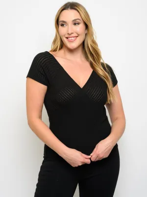 PLUS SIZE V-NECK WRAP SHORT SLEEVE TOP