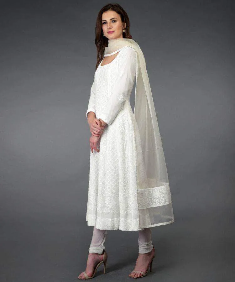 Pure Georgette Handwork Chikankari Off-White Anarkali Suit