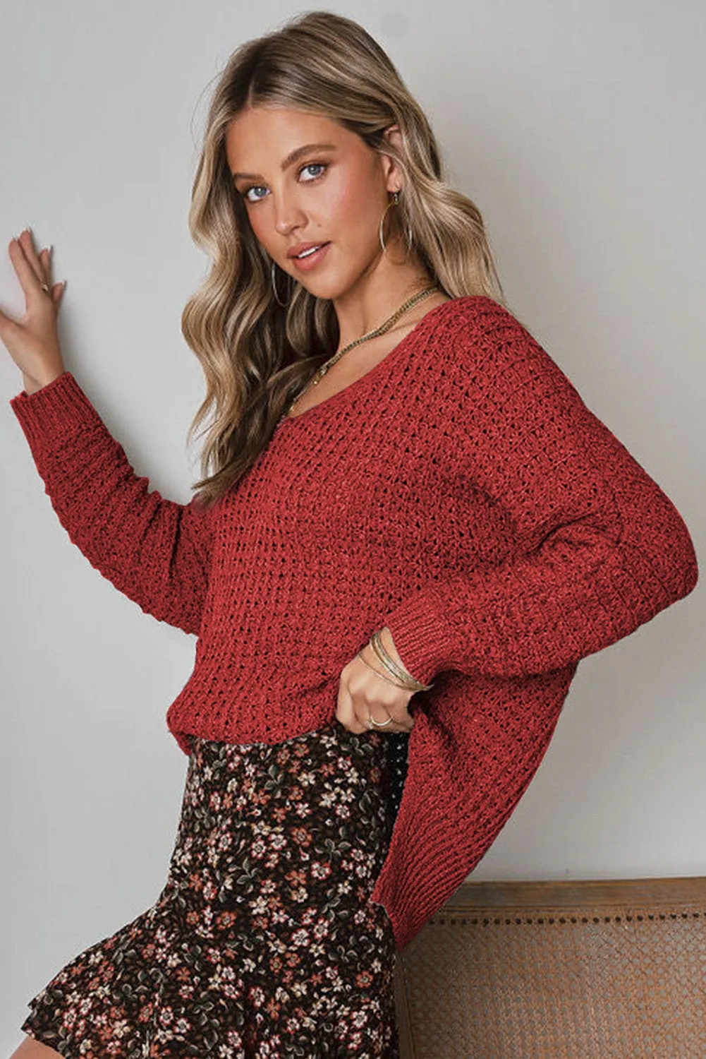 Red Loose Knitted V Neck Sweater