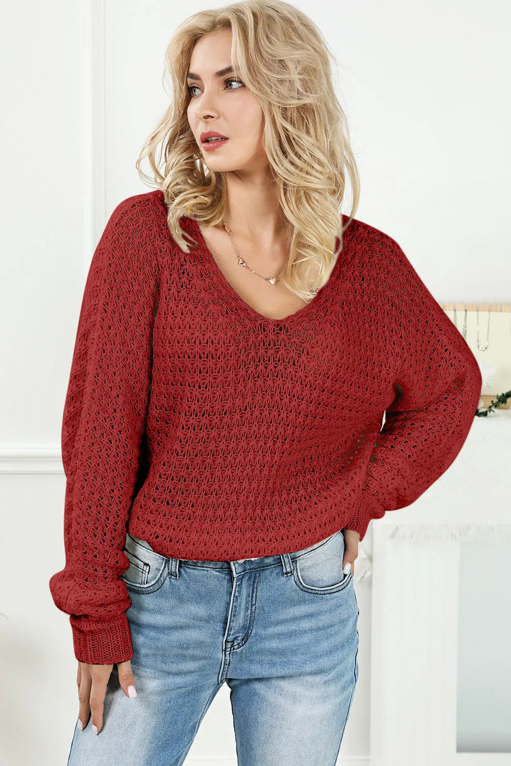 Red Loose Knitted V Neck Sweater