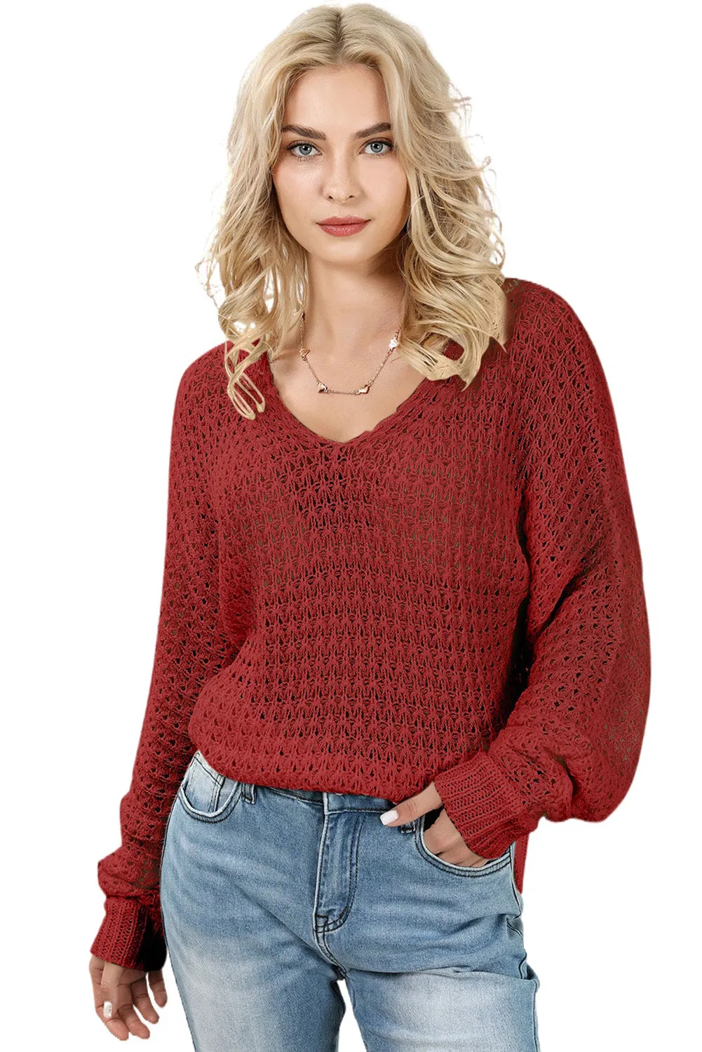 Red Loose Knitted V Neck Sweater
