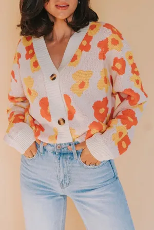 Russet Orange Vintage Floral Knitted Button V Neck Cardigan