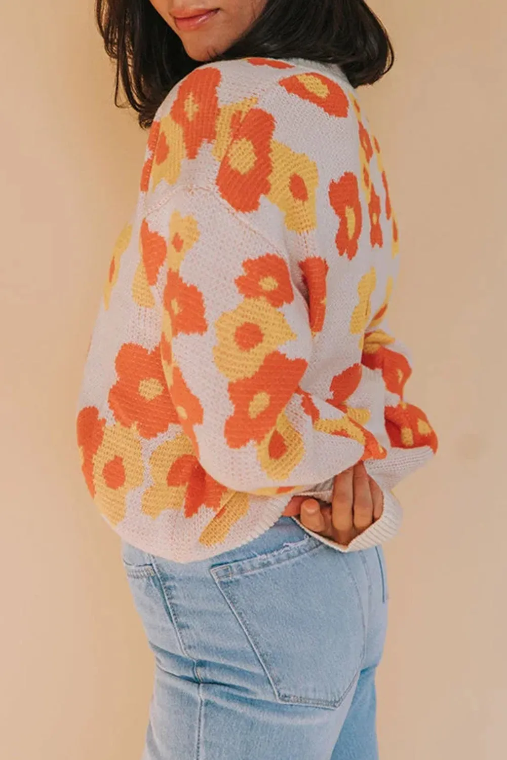 Russet Orange Vintage Floral Knitted Button V Neck Cardigan