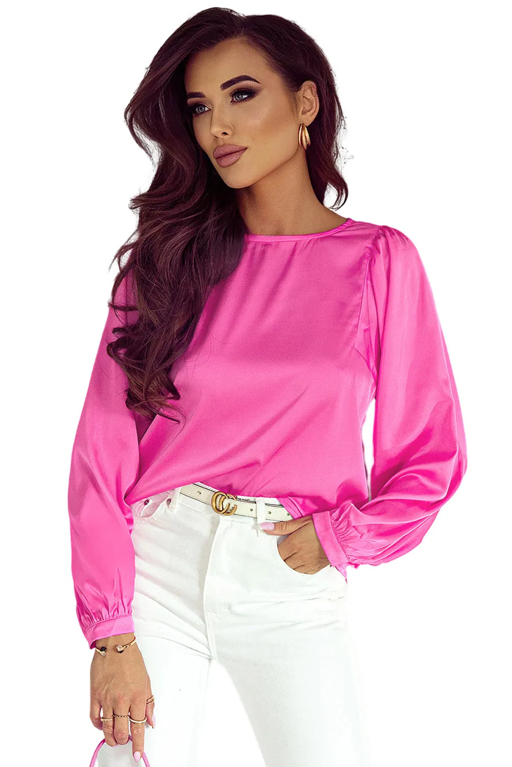 Satin Puff Long Sleeve Crewneck Blouse