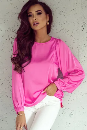 Satin Puff Long Sleeve Crewneck Blouse
