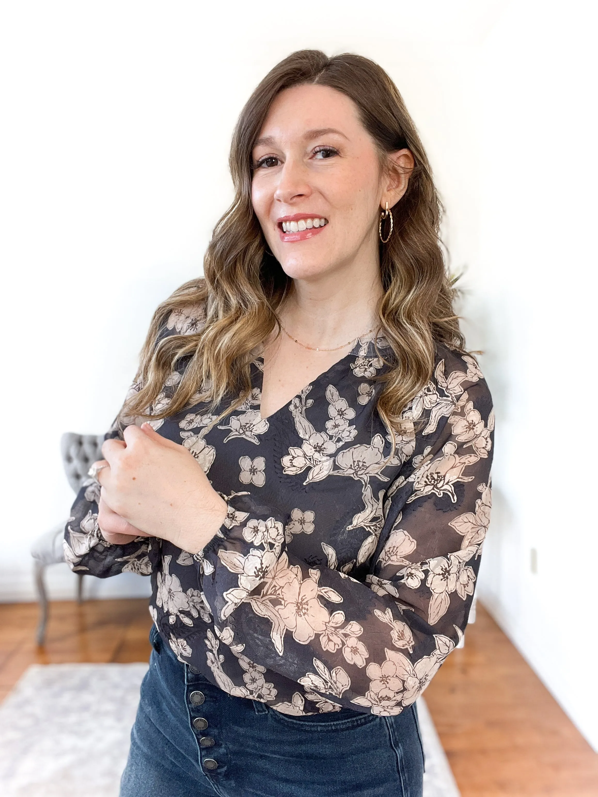 Shelby Floral Sheer-Sleeve Blouse