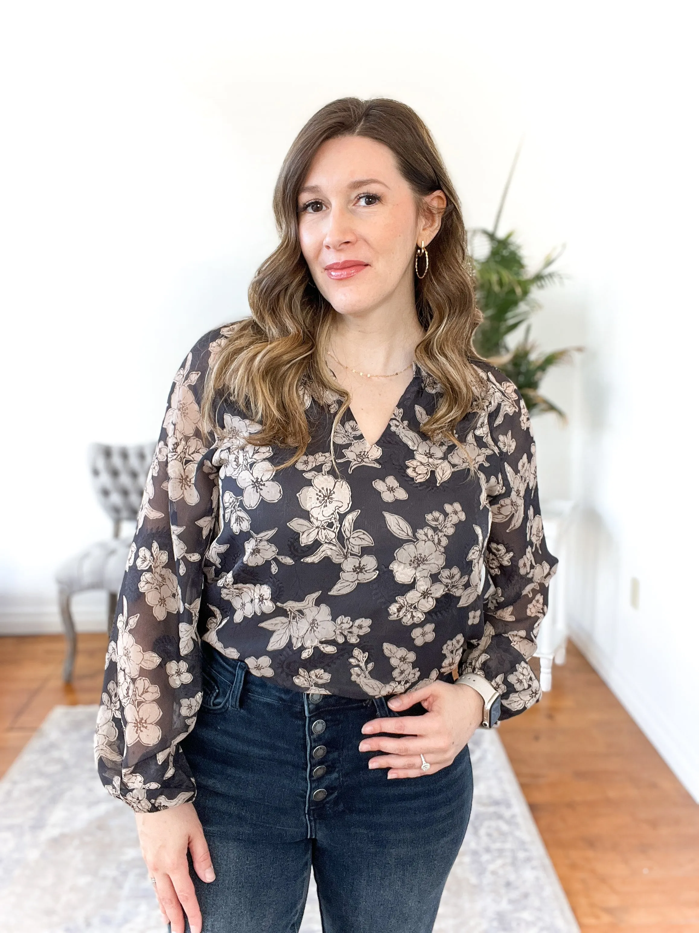 Shelby Floral Sheer-Sleeve Blouse