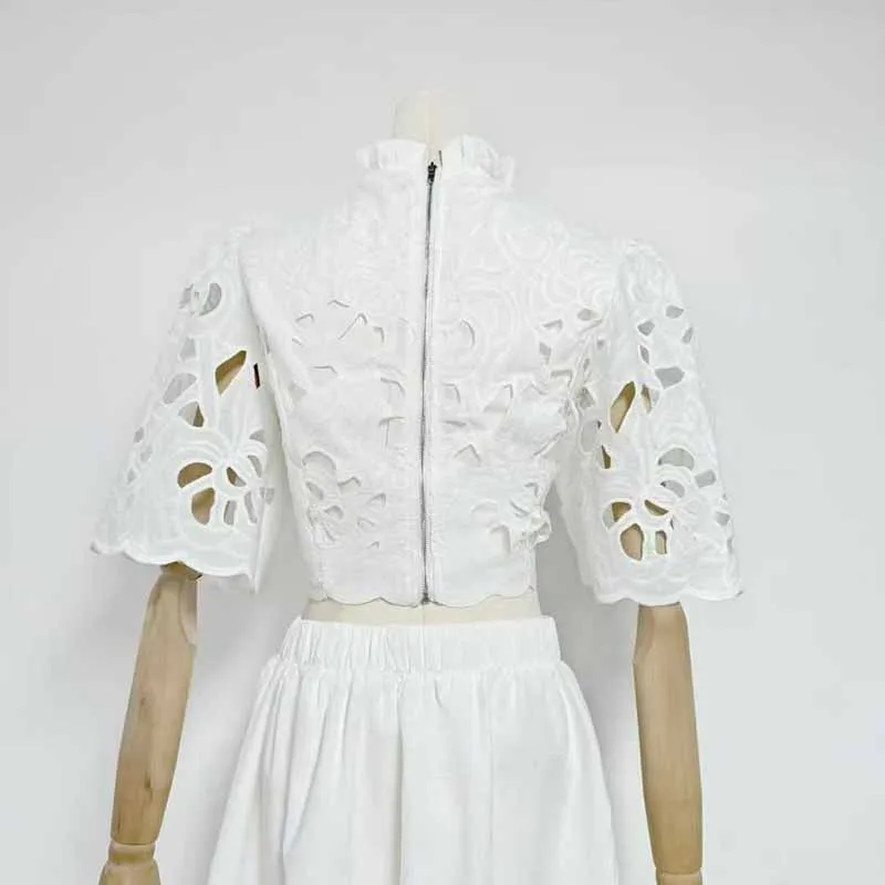 Short Sleeve Embroidered Two Piece Midi Skirt Suit