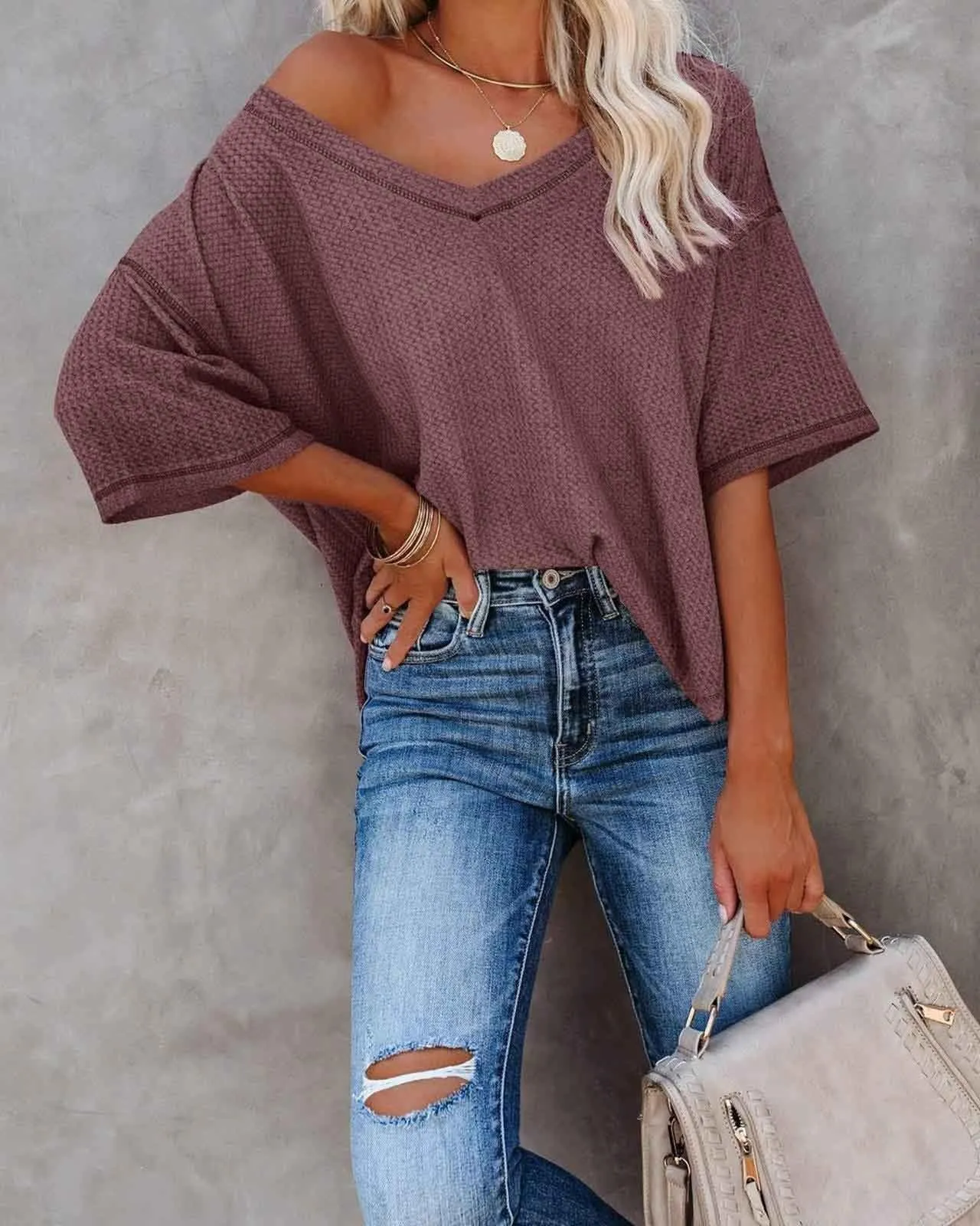 Stunncal V-Neck Dolman Sleeve Top