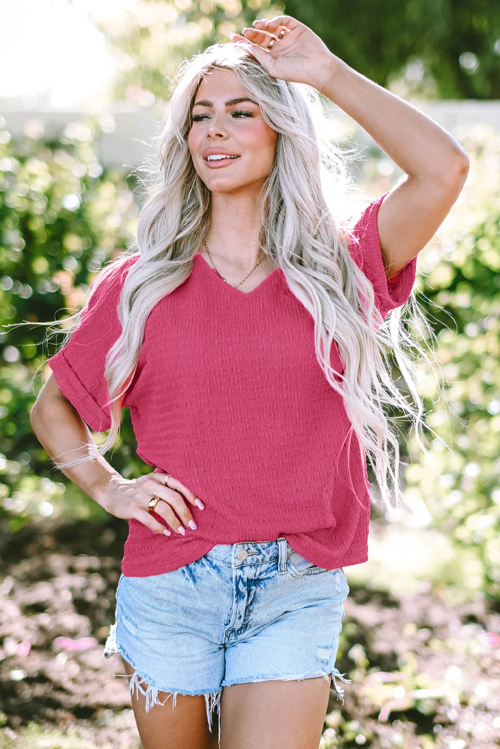 Textured Rolled Sleeve V Neck Tee