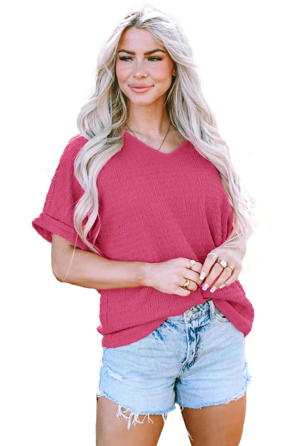 Textured Rolled Sleeve V Neck Tee