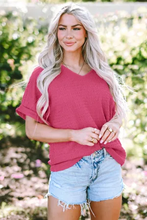 Textured Rolled Sleeve V Neck Tee