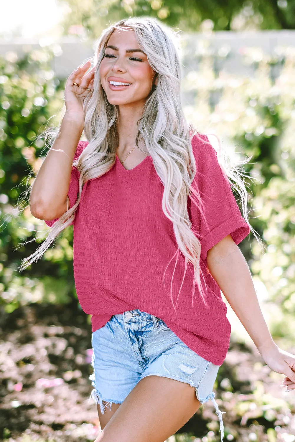 Textured Rolled Sleeve V Neck Tee