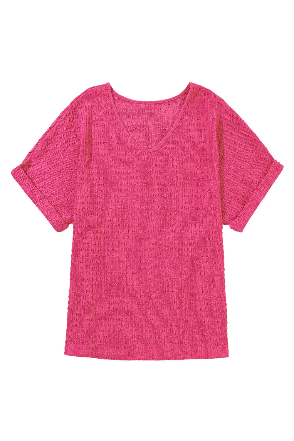 Textured Rolled Sleeve V Neck Tee