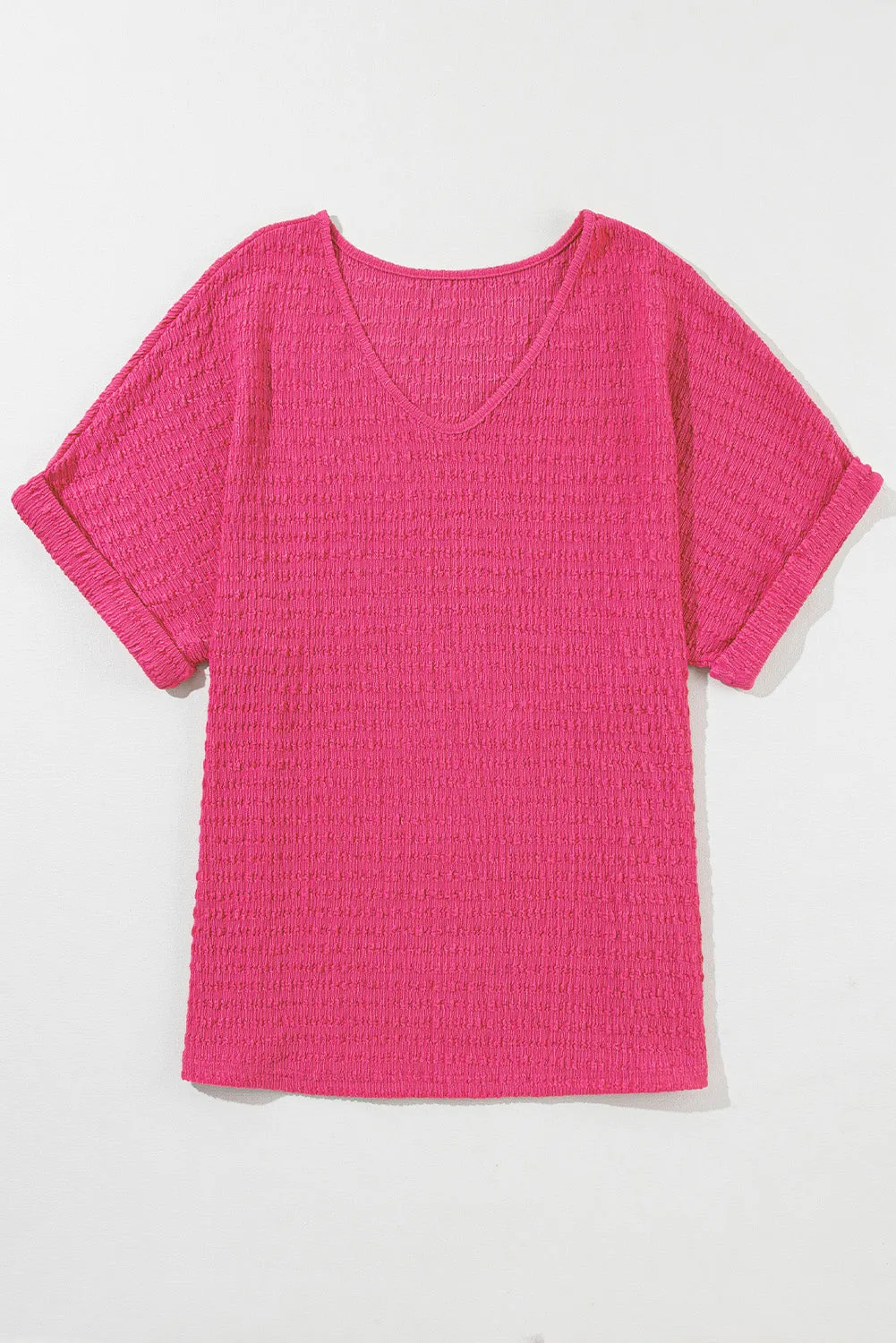 Textured Rolled Sleeve V Neck Tee
