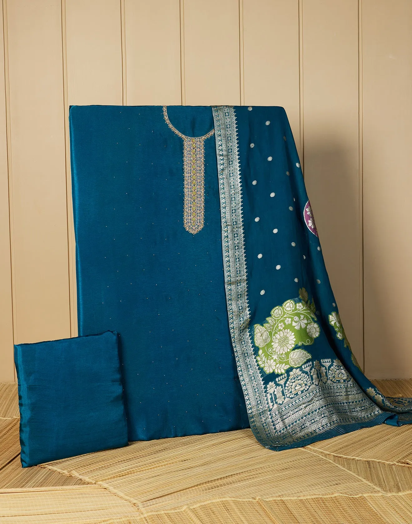 Turquoise Quartz Dola Silk Festive Unstitched Suit Set With Banarasi Dupatta