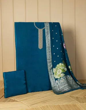 Turquoise Quartz Dola Silk Festive Unstitched Suit Set With Banarasi Dupatta