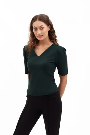 V Neckline Elbow Length Black Top