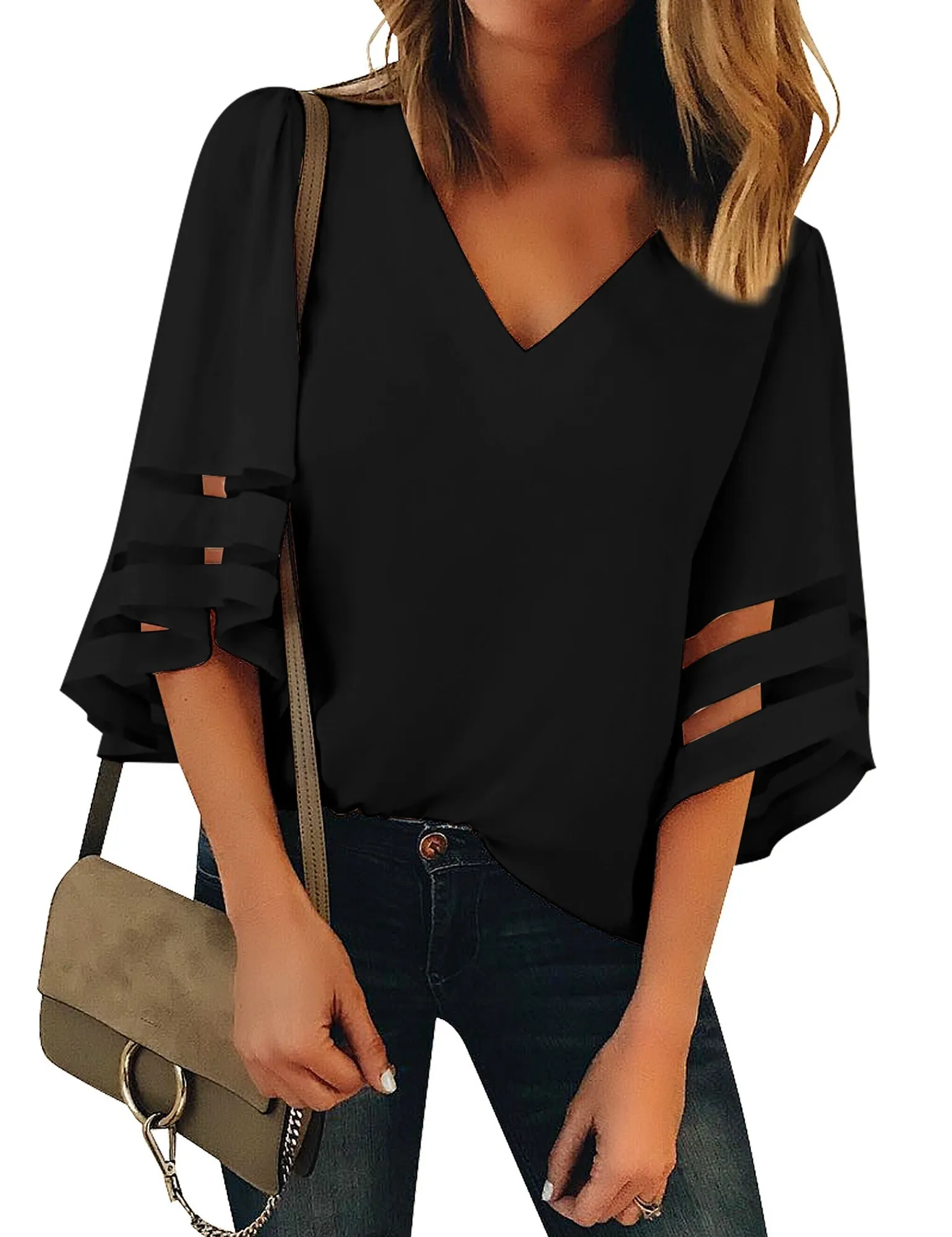 Vetinee Women's 3/4 Bell Sleeve Shirt Mesh Panel Blouse V Neck Casual Loose Tops