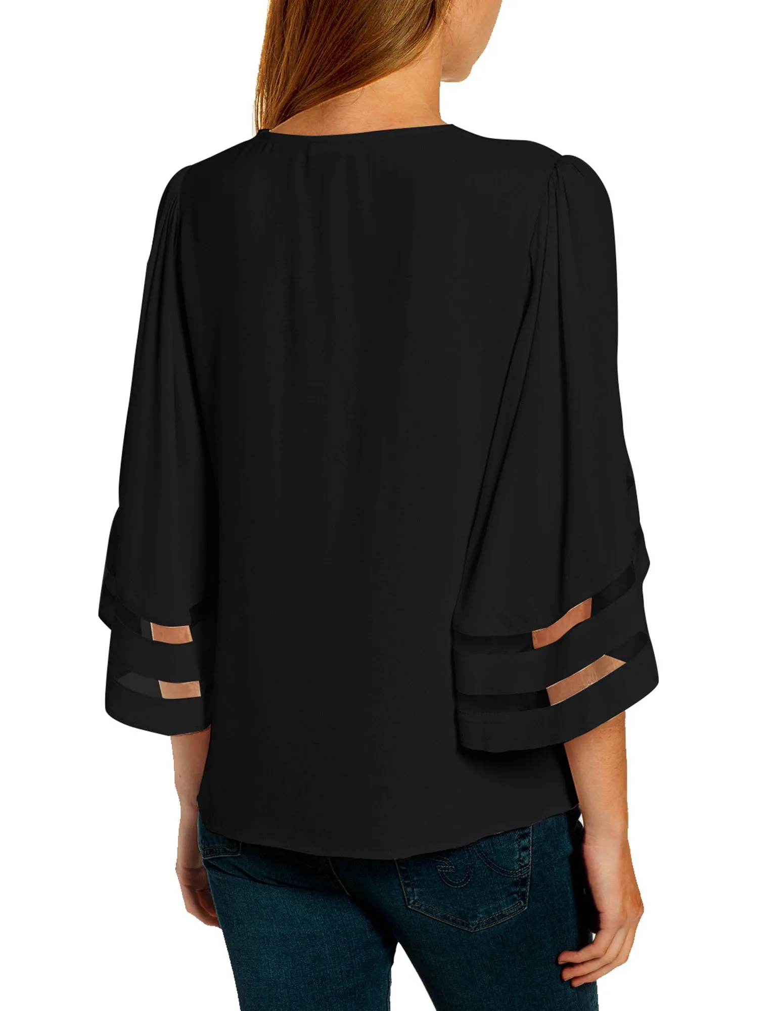 Vetinee Women's 3/4 Bell Sleeve Shirt Mesh Panel Blouse V Neck Casual Loose Tops