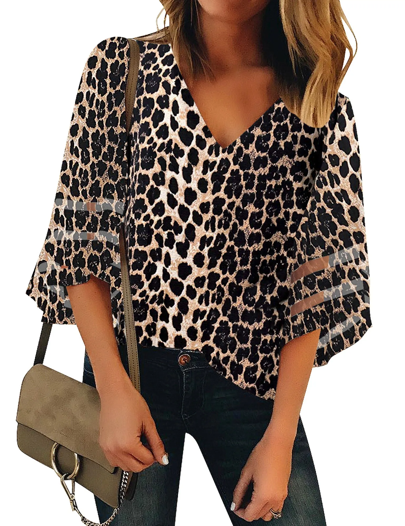 Vetinee Women's 3/4 Bell Sleeve Shirt Mesh Panel Blouse V Neck Casual Loose Tops