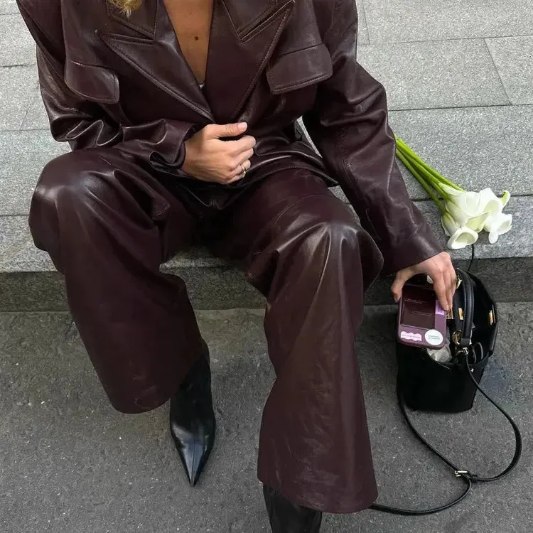 Vintage Layered Collar Belted Coat and Wide Leg Pants Set