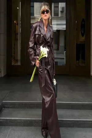 Vintage Layered Collar Belted Coat and Wide Leg Pants Set