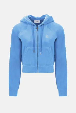 WASHED BLUE DENIM DIAMANTE VELOUR ZIP-THROUGH HOODIE