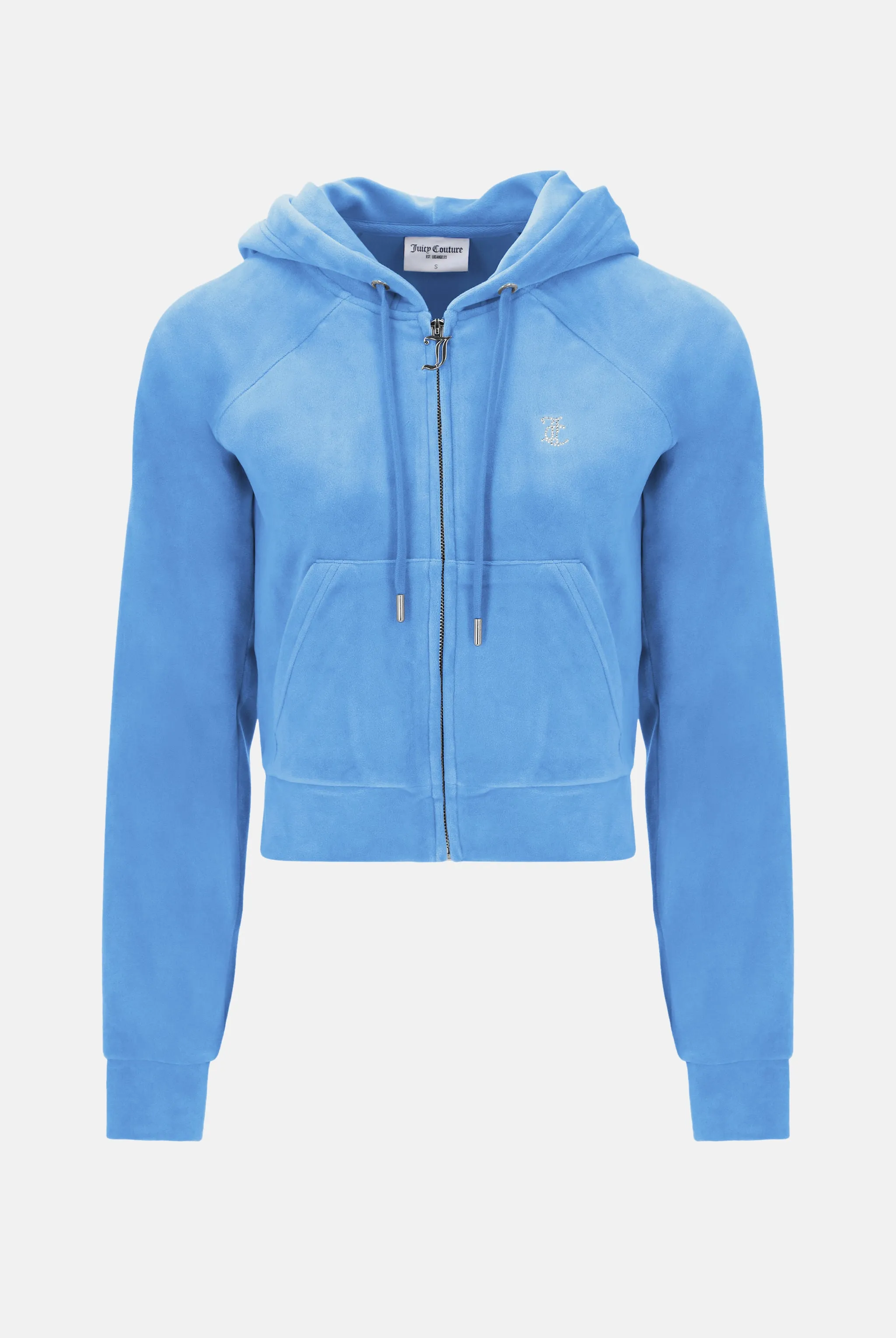 WASHED BLUE DENIM DIAMANTE VELOUR ZIP-THROUGH HOODIE