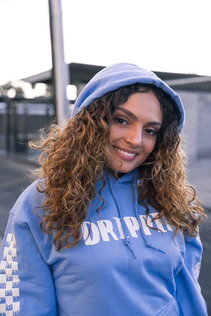 White Drippin V2 | Light Blue Hoodie (Solid Checkered Drippin Sleeve)