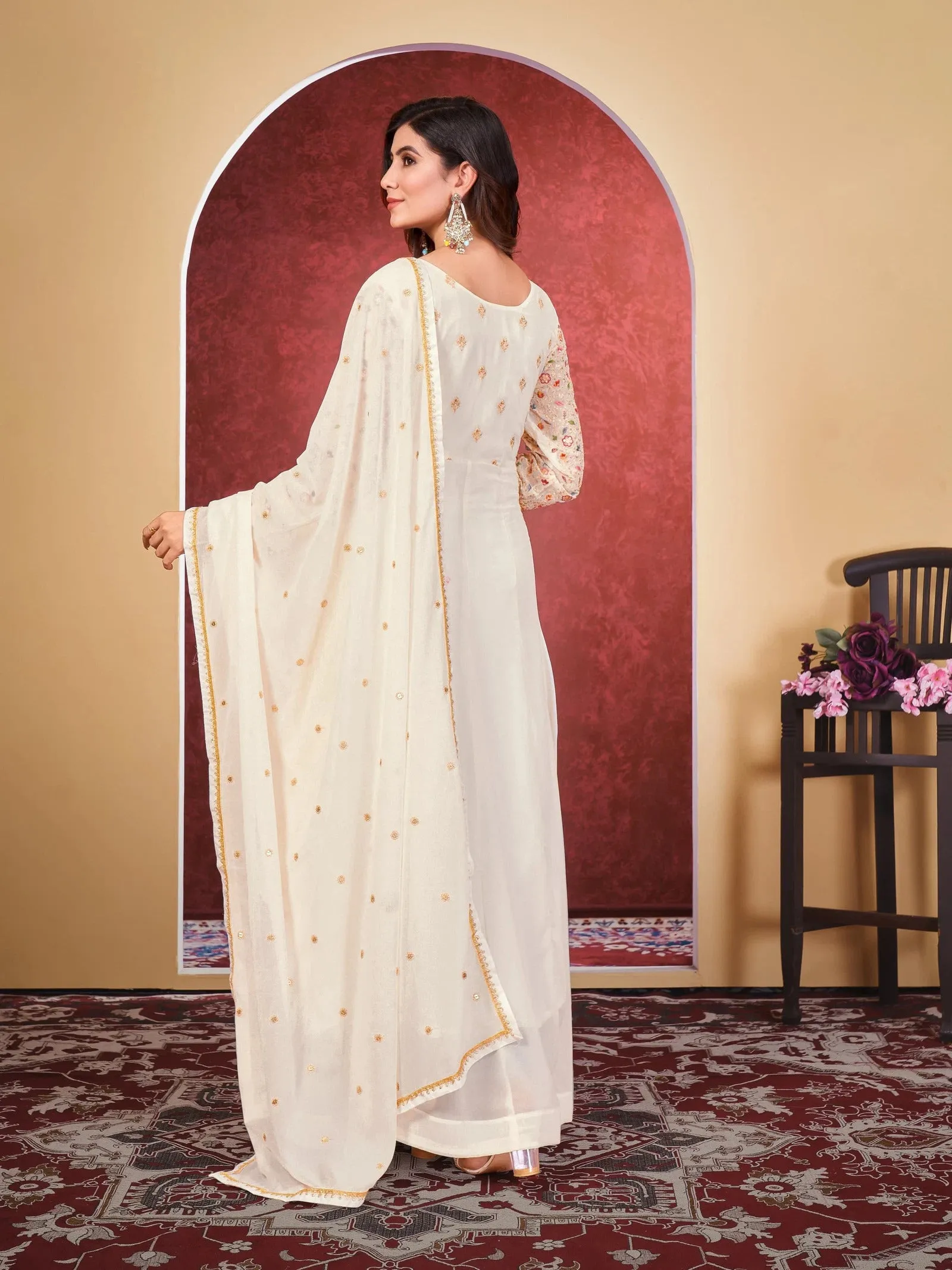 White Georgette Embroidered Anarkali Suit