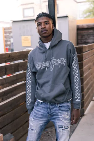 White Outline SA Drip | Smoky Gray Hoodie (Outline Checkered Drippin Sleeve)