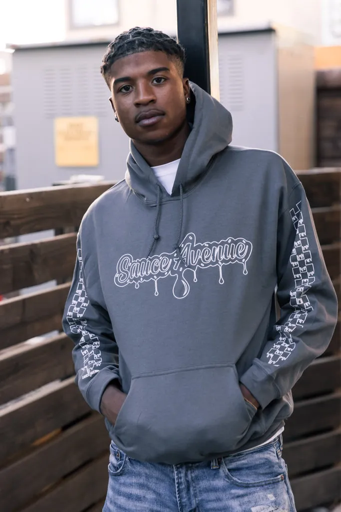 White Outline SA Drip | Smoky Gray Hoodie (Outline Checkered Drippin Sleeve)